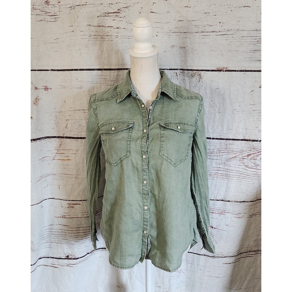 Sundance Sage Green Linen Western Snap Button Down Shirt  Long Sleeve Size XS